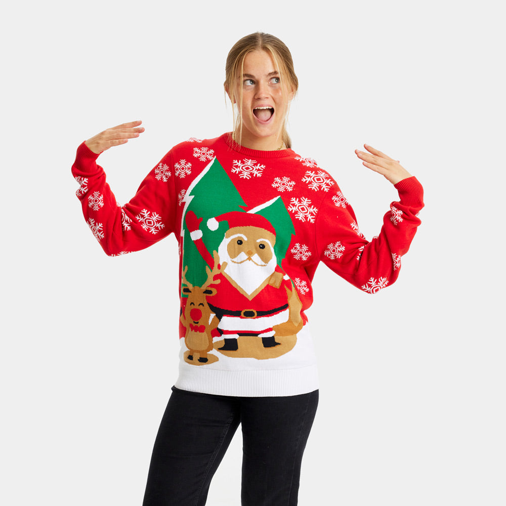 Red Couple's Ugly Christmas Sweater with Santa and Reindeer Greeting womens