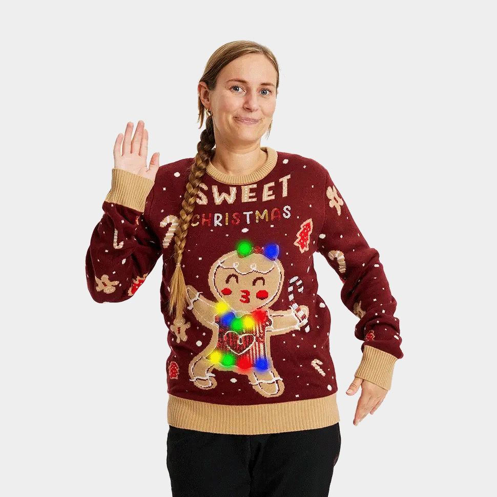 Red LED light-up Women's Ugly Christmas Sweater with Ginger Cookie