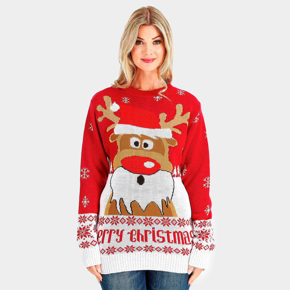 Red Ugly Christmas Sweater with Reindeer Women's 