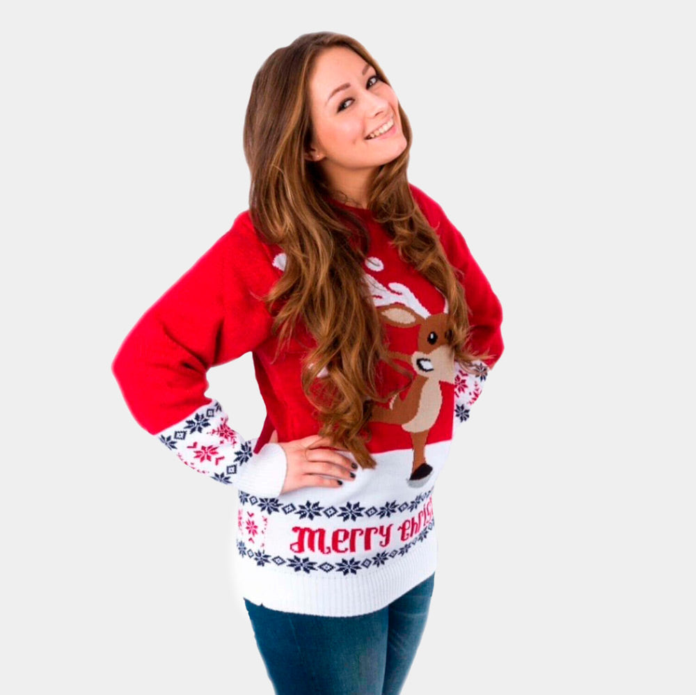 Red Ugly Christmas Sweater with Skating Reindeer Women's 