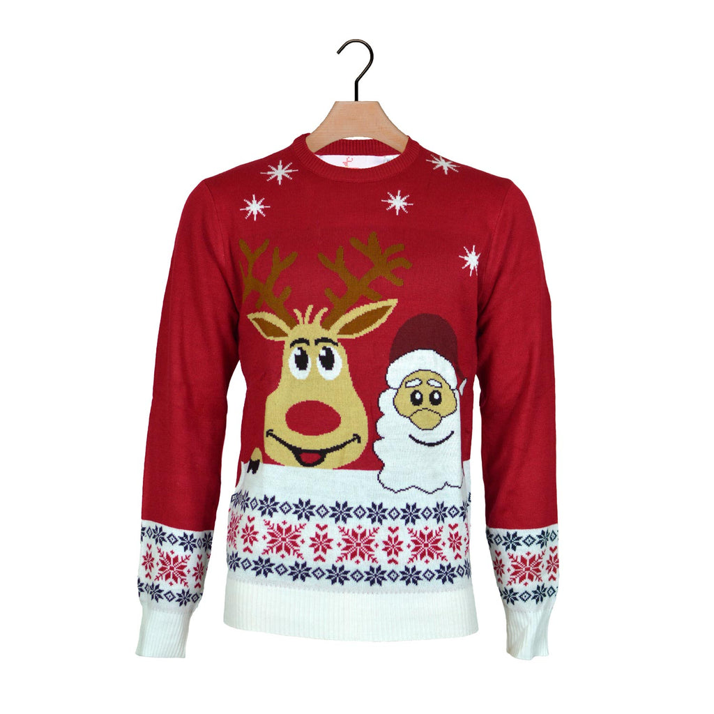 Boys and Girls Ugly Christmas Sweater with Santa and Rudolph Smiling