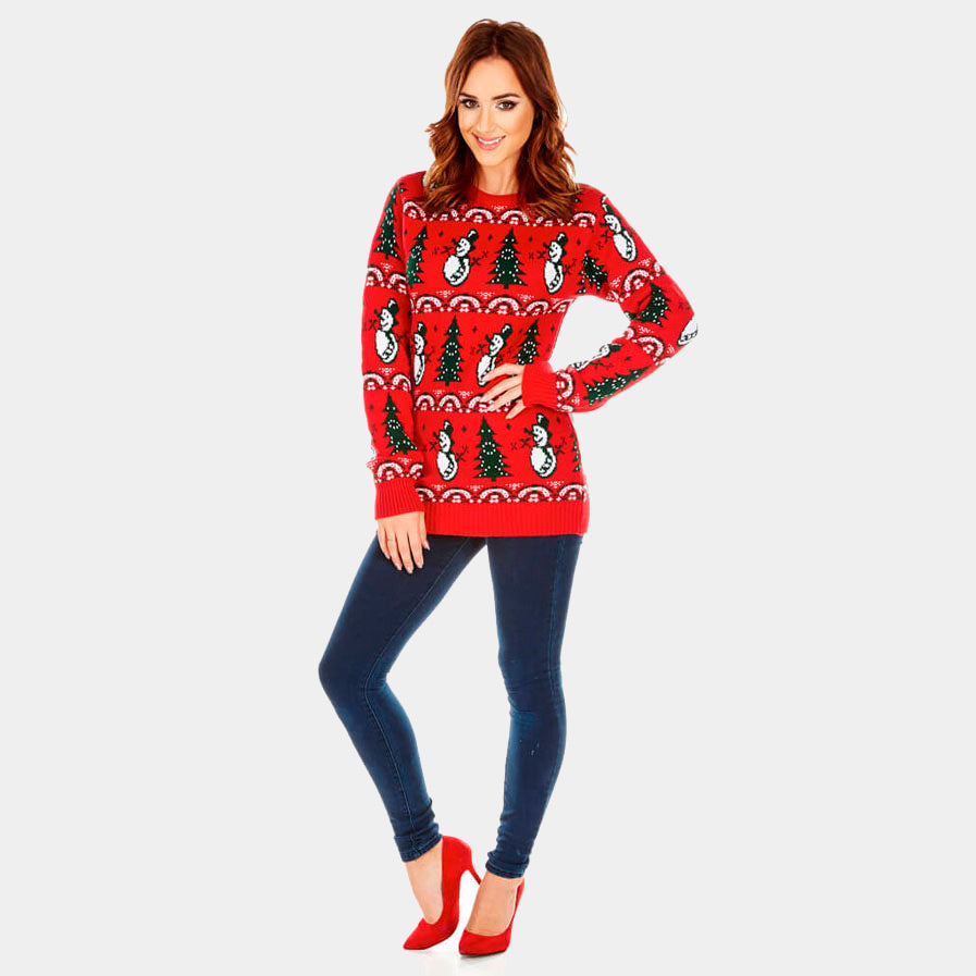 Red Ugly Christmas Sweater with Trees and Snowmens Womens