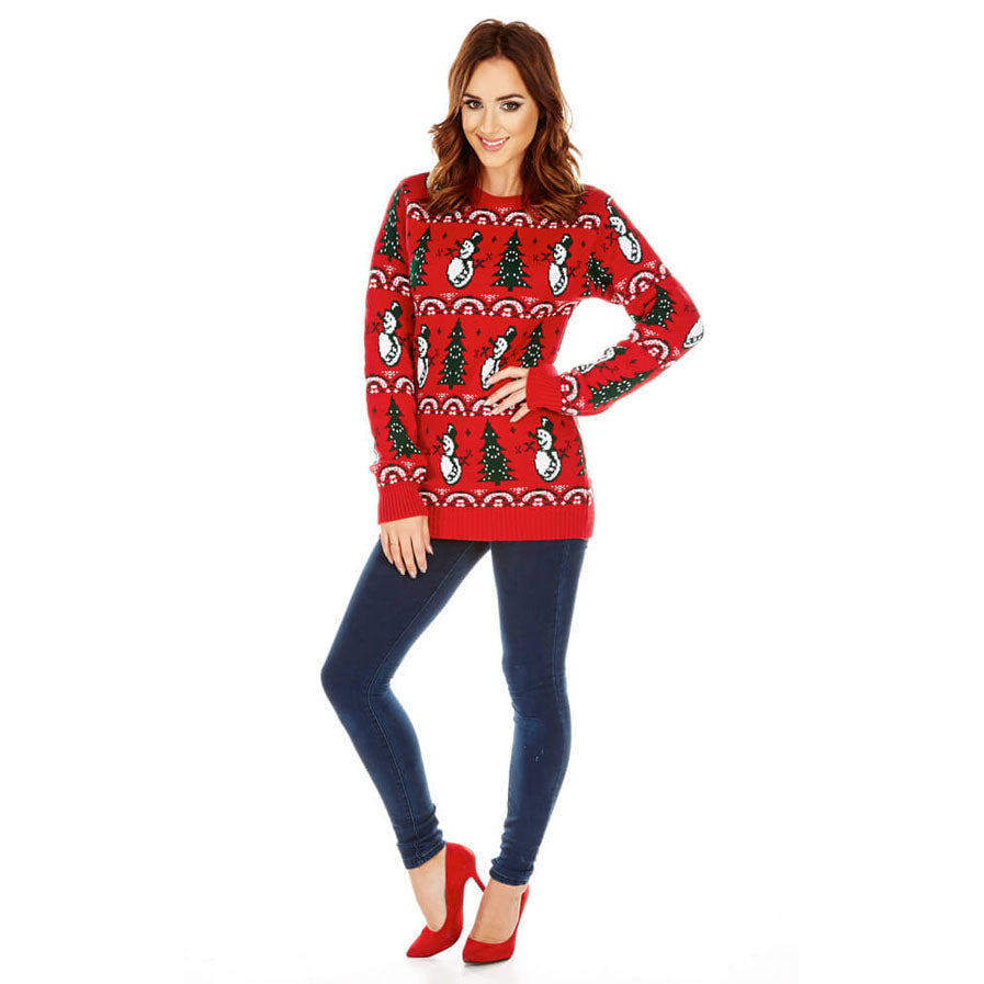 Red Ugly Christmas Sweater with Trees and Snowmens Womens