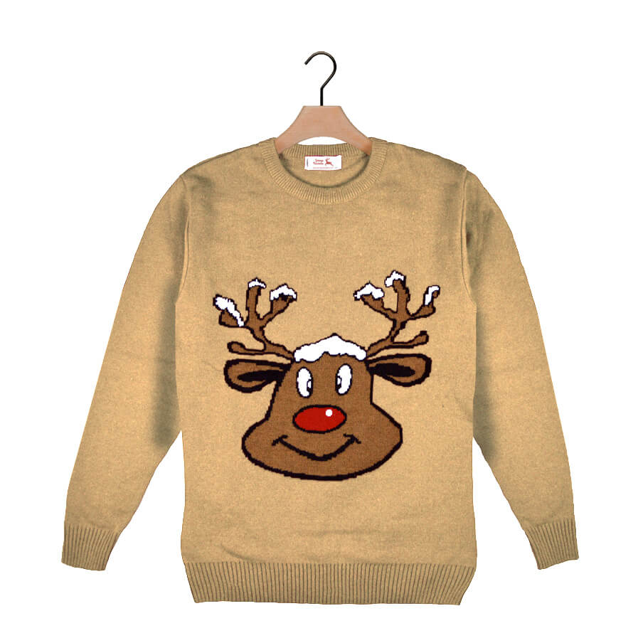 Beige Boys and Girls Ugly Christmas Sweater with Smiling Reindeer
