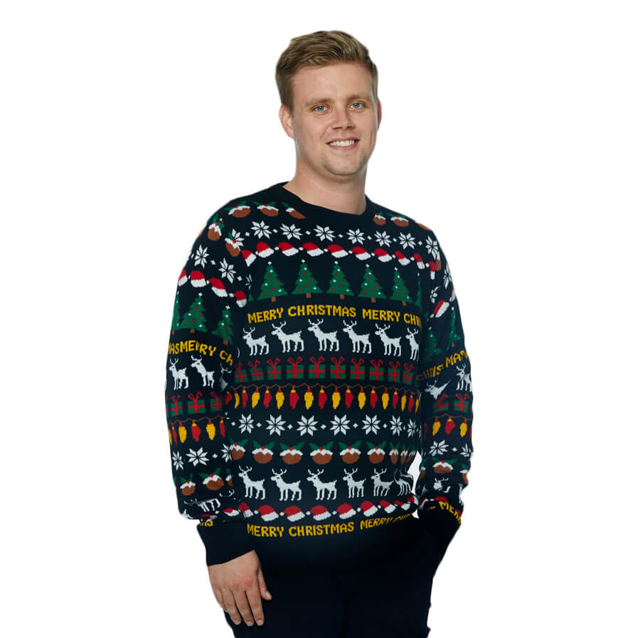 Mens Black Family Ugly Christmas Sweater with Trees, Reindeers and Gifts