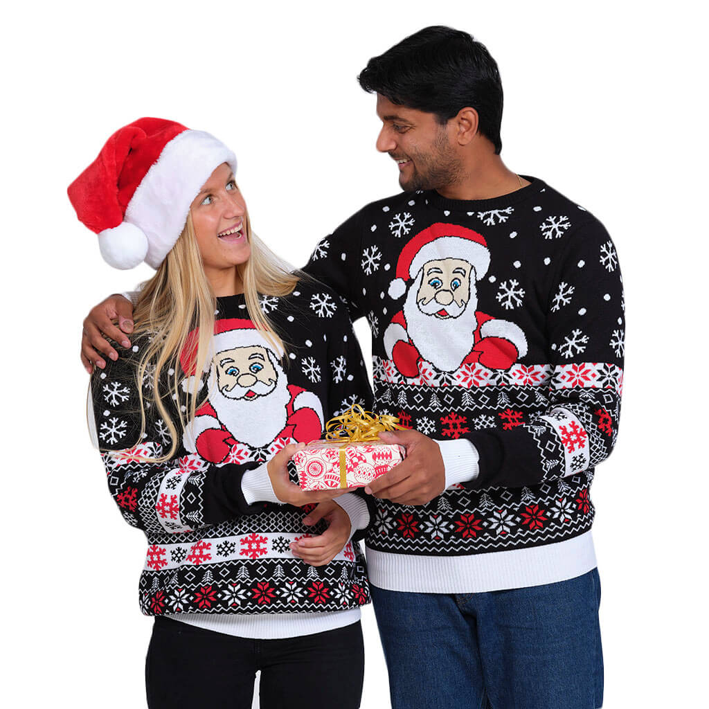Couples Black Organic Cotton Ugly Christmas Sweater with Santa and Snow