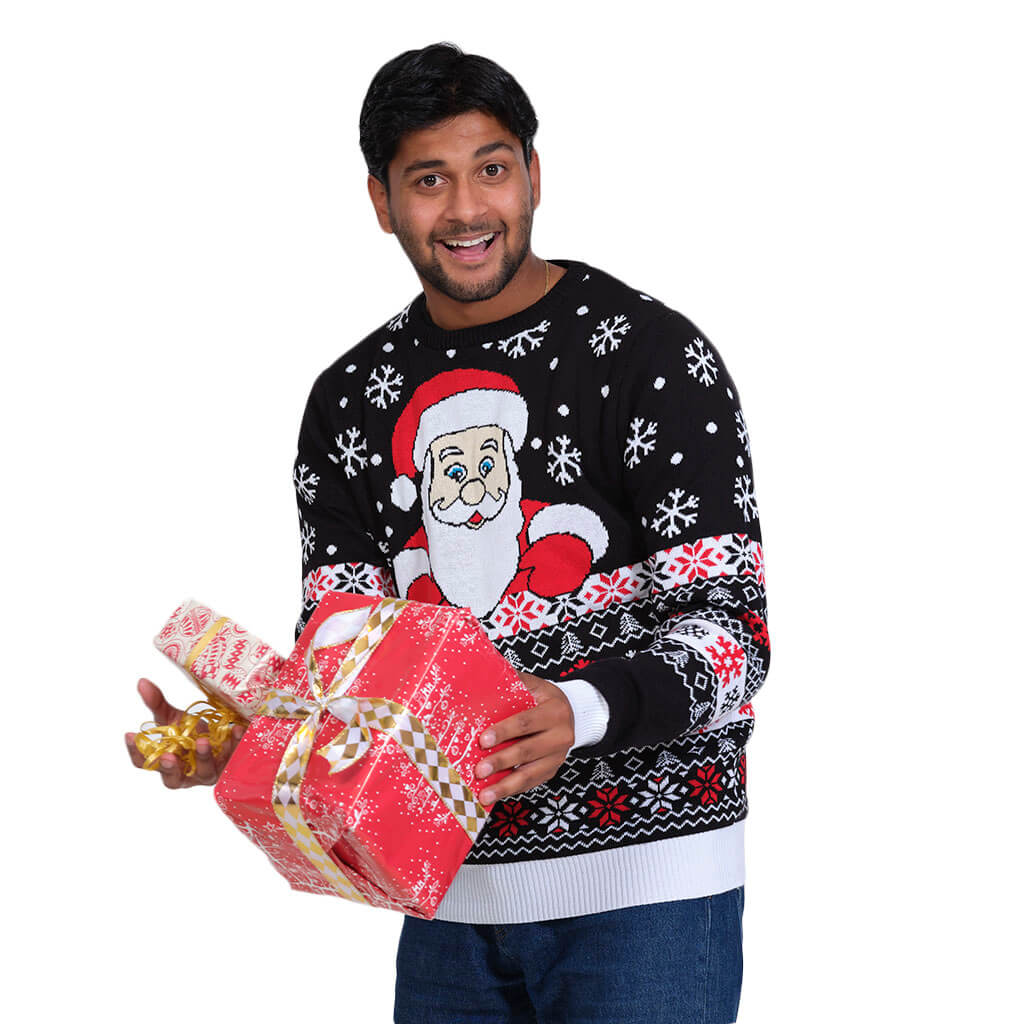 Mens Black Organic Cotton Ugly Christmas Sweater with Santa and Snow