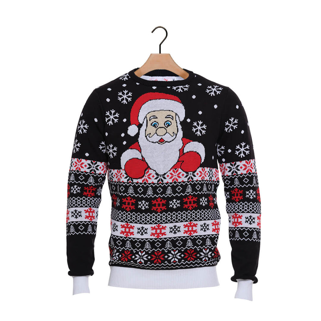 Black Organic Cotton Ugly Christmas Sweater with Santa and Snow