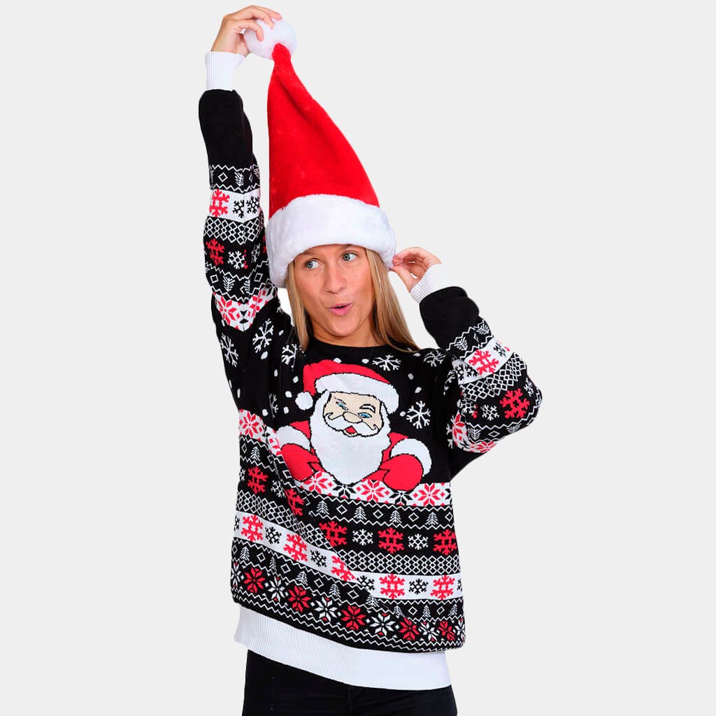 Womens Black Organic Cotton Ugly Christmas Sweater with Santa and Snow