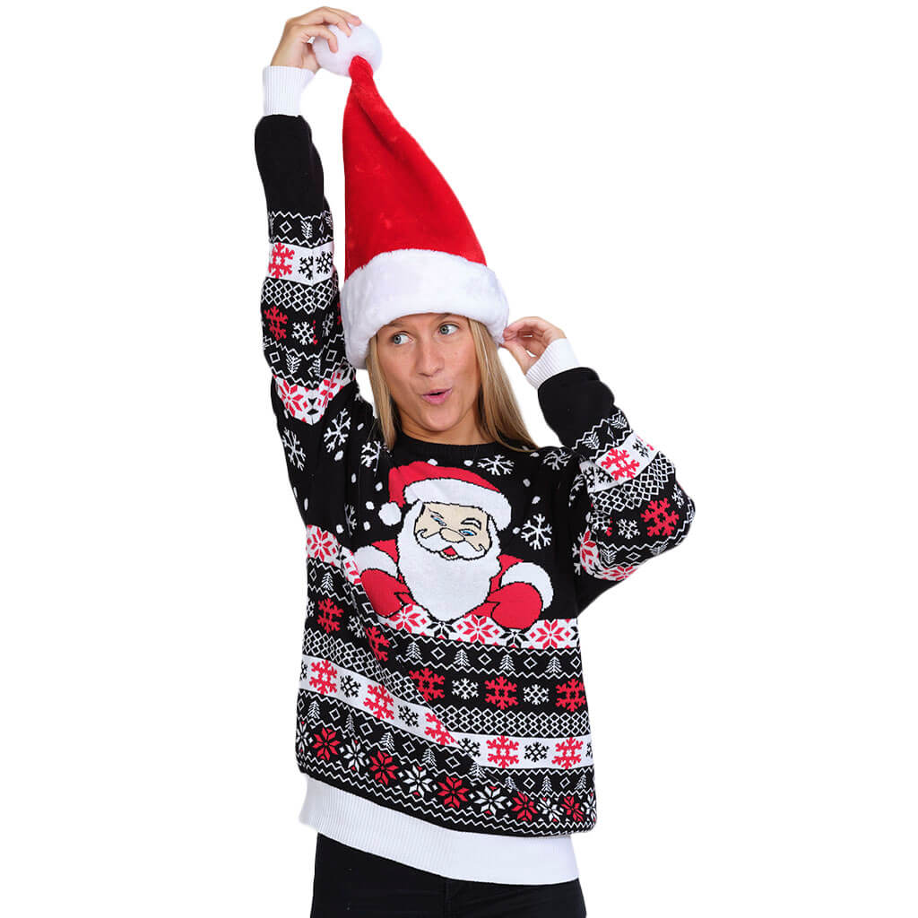 Womens Black Organic Cotton Ugly Christmas Sweater with Santa and Snow
