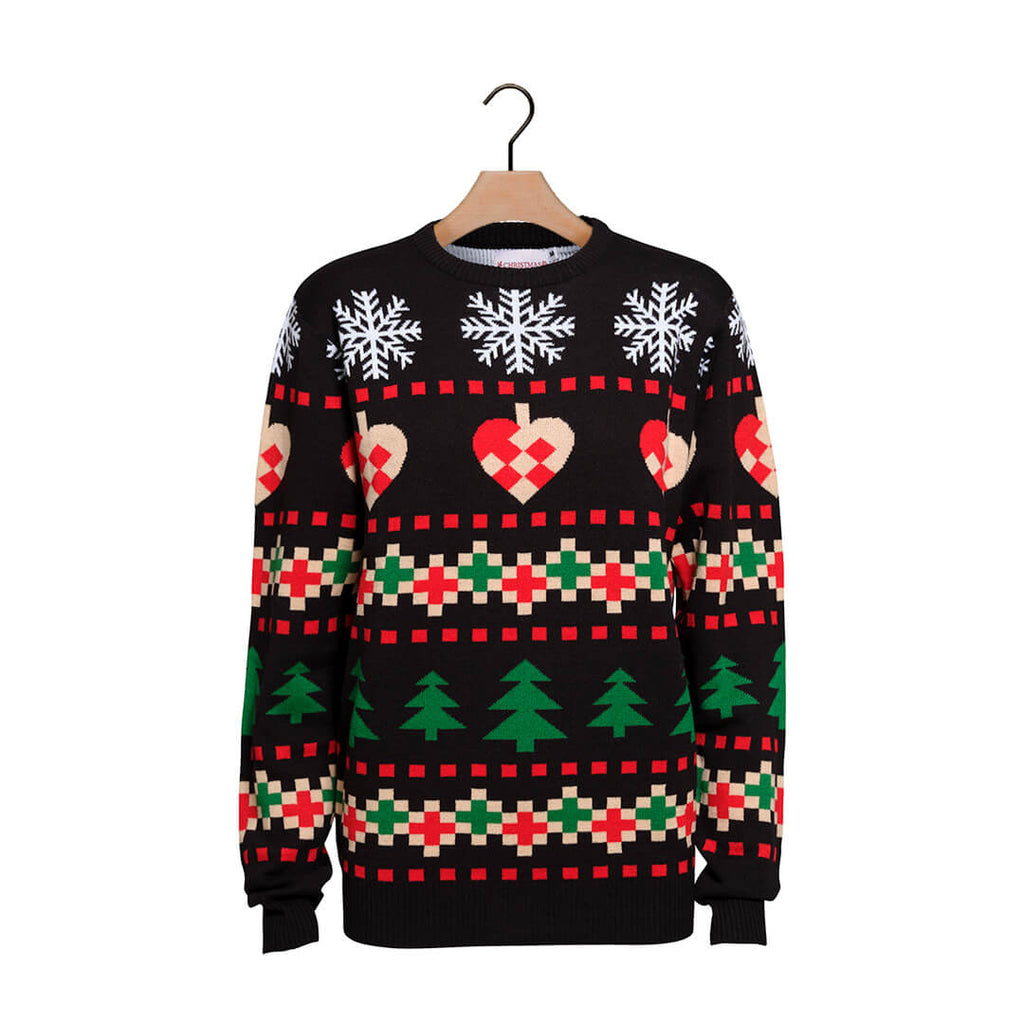 Black Ugly Christmas Sweater with Snow, Hearts and Trees