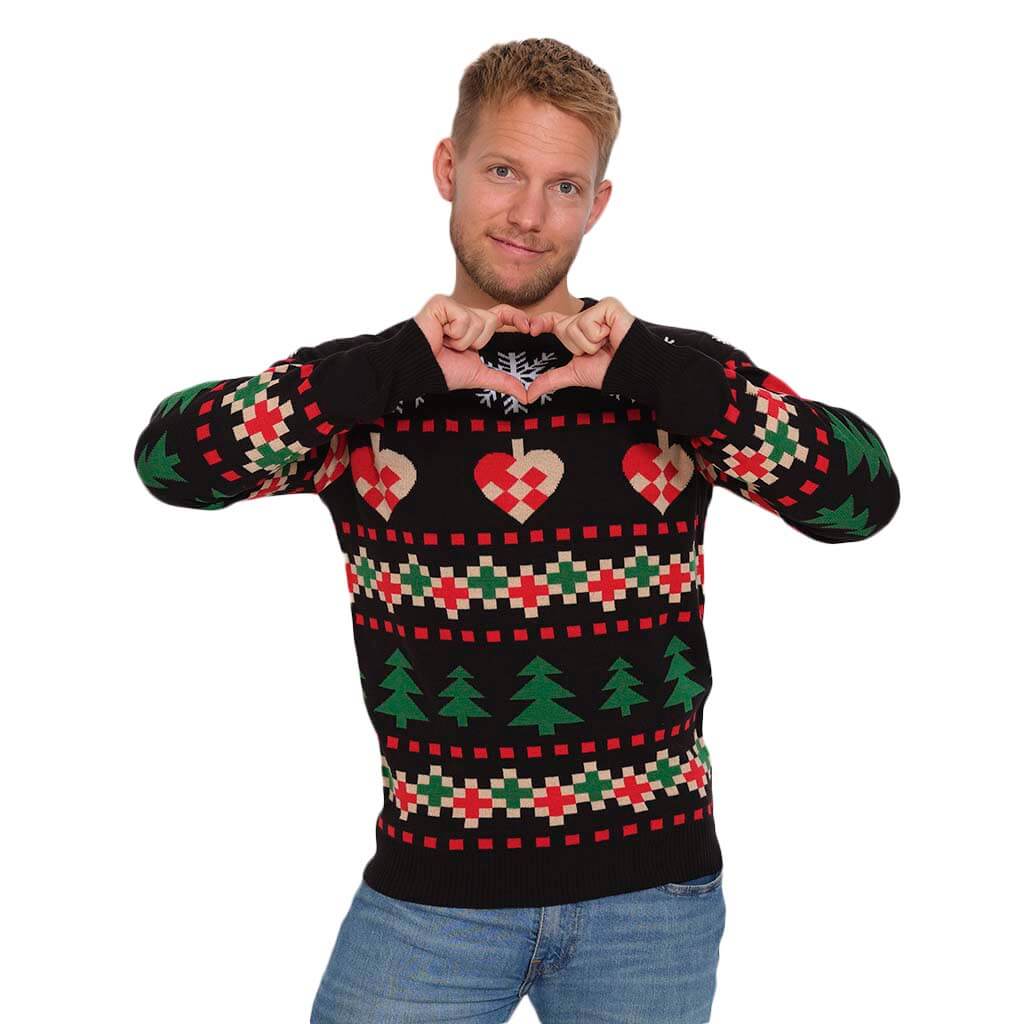 Mens Black Ugly Christmas Sweater with Snow, Hearts and Trees