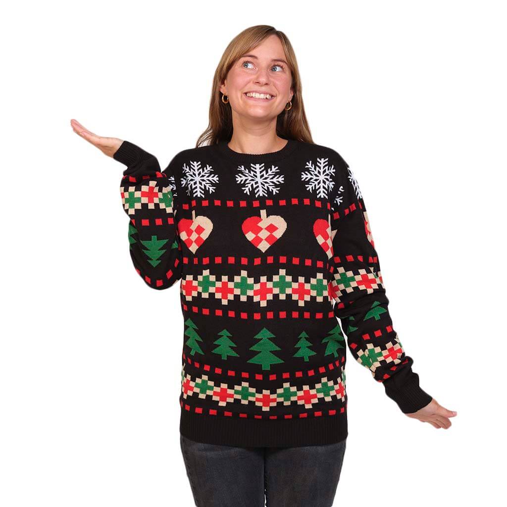 Womens Black Ugly Christmas Sweater with Snow, Hearts and Trees