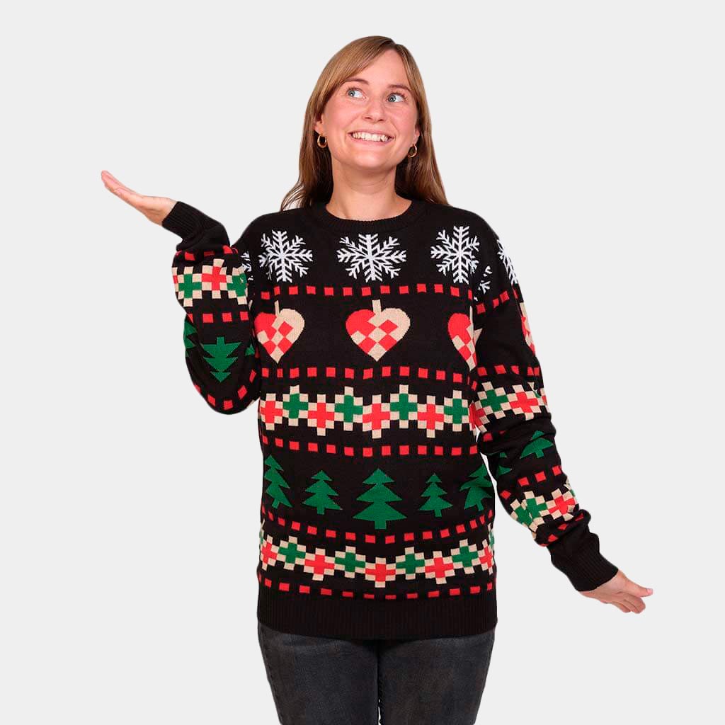 Womens Black Ugly Christmas Sweater with Snow, Hearts and Trees