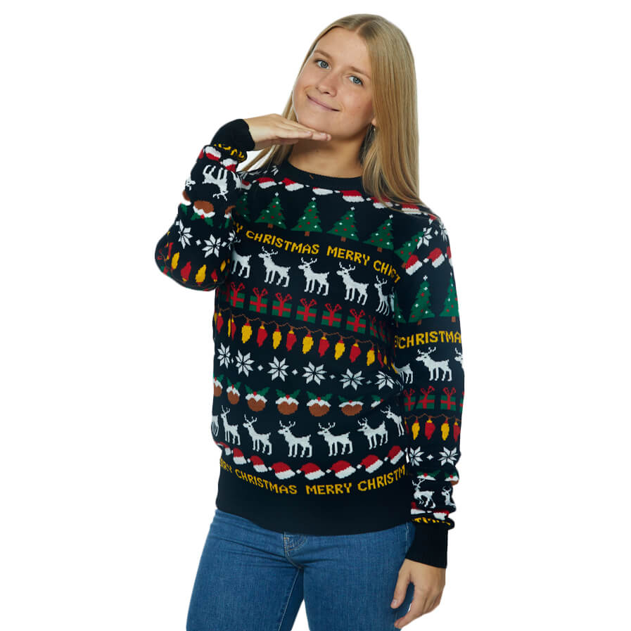 Womens Black Ugly Christmas Sweater with Trees, Reindeers and Gifts