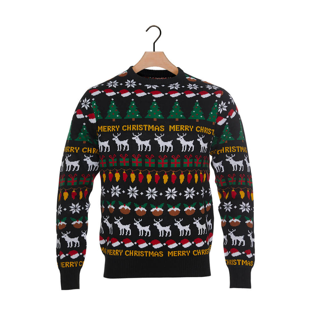 Black Ugly Christmas Sweater with Trees, Reindeers and Gifts