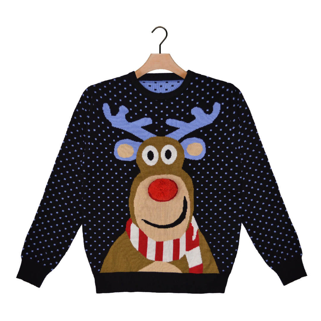 Blue 3D Boys and Girls Ugly Christmas Sweater Reindeer with Red Nosed