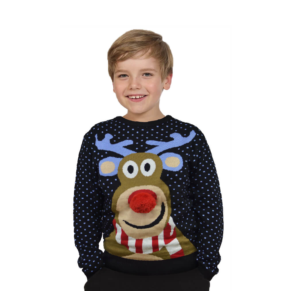 Blue 3D Boys Ugly Christmas Sweater Reindeer with Red Nosed