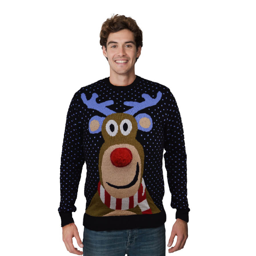 Mens Blue 3D Family Ugly Christmas Sweater Reindeer with Red Nosed