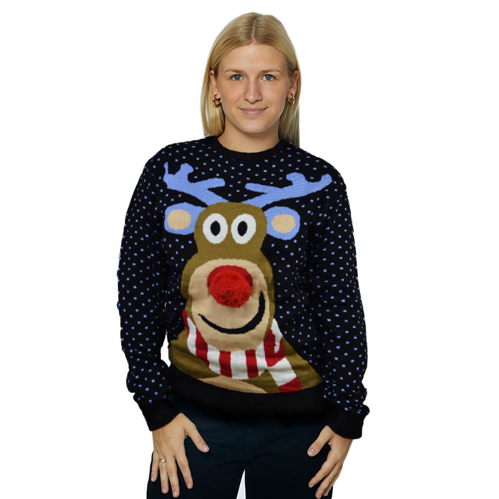 Womens Blue 3D Family Ugly Christmas Sweater Reindeer with Red Nosed