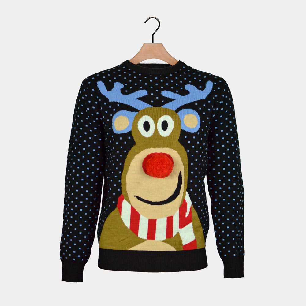 Blue 3D Ugly Christmas Sweater Reindeer with Red Nosed