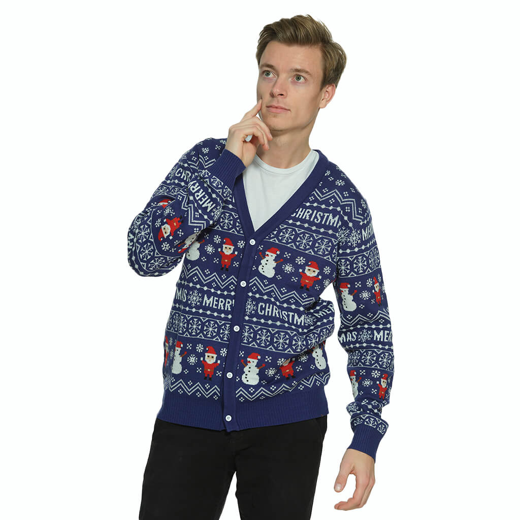 Mens Ugly Blue Cardigan Merry Christmas Sweater