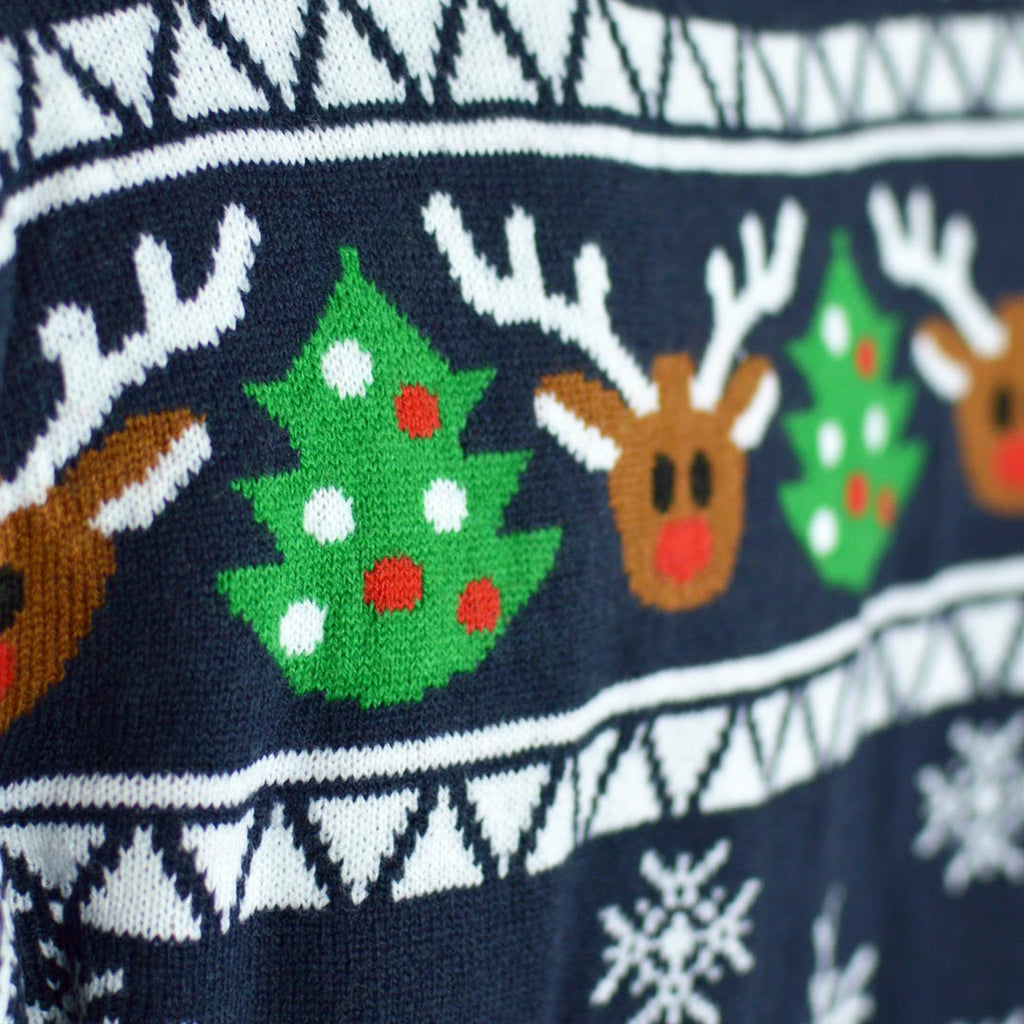 Blue Cardigan Ugly Christmas Sweater with Reindeers and Trees detail