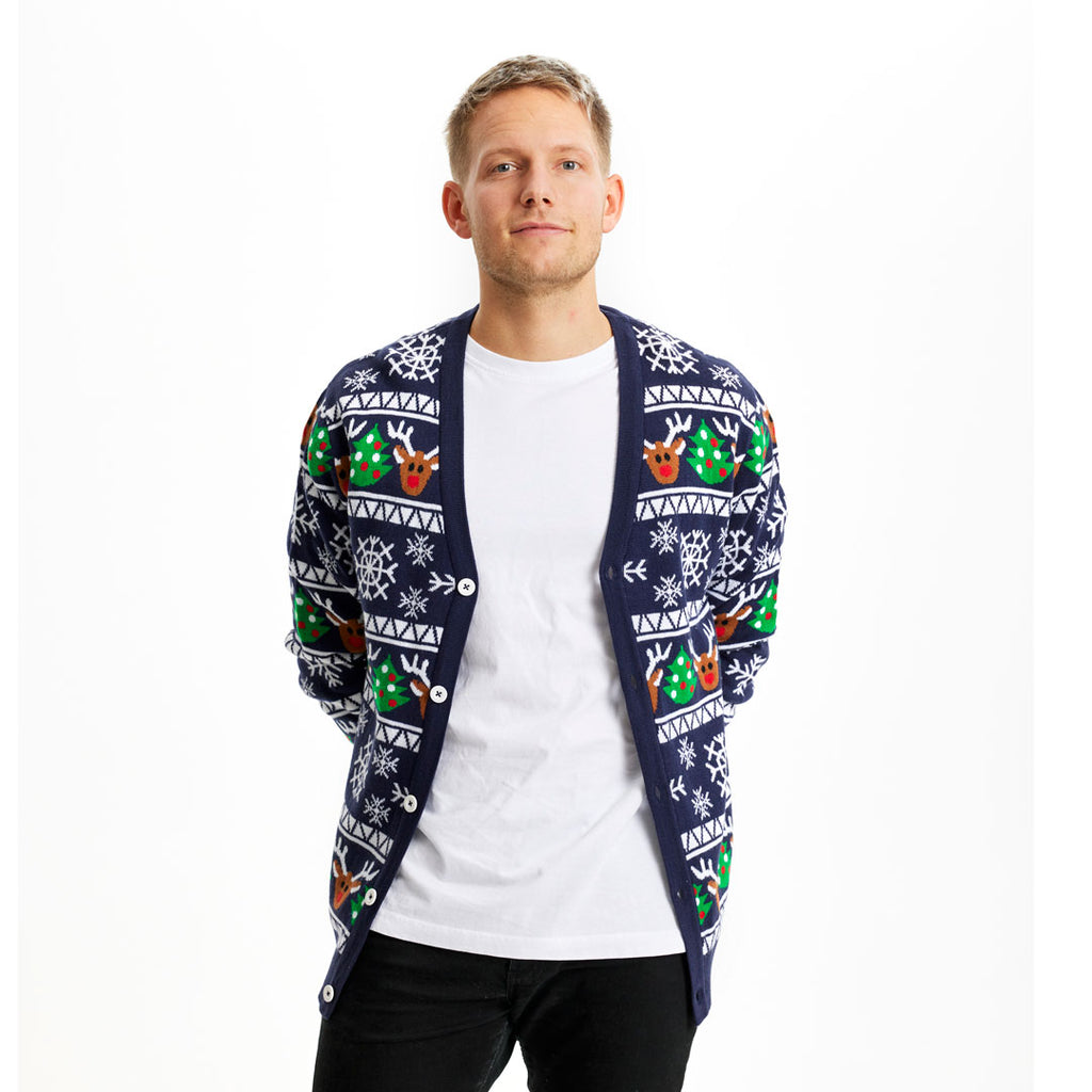 Blue Cardigan Ugly Christmas Sweater with Reindeers and Trees mens