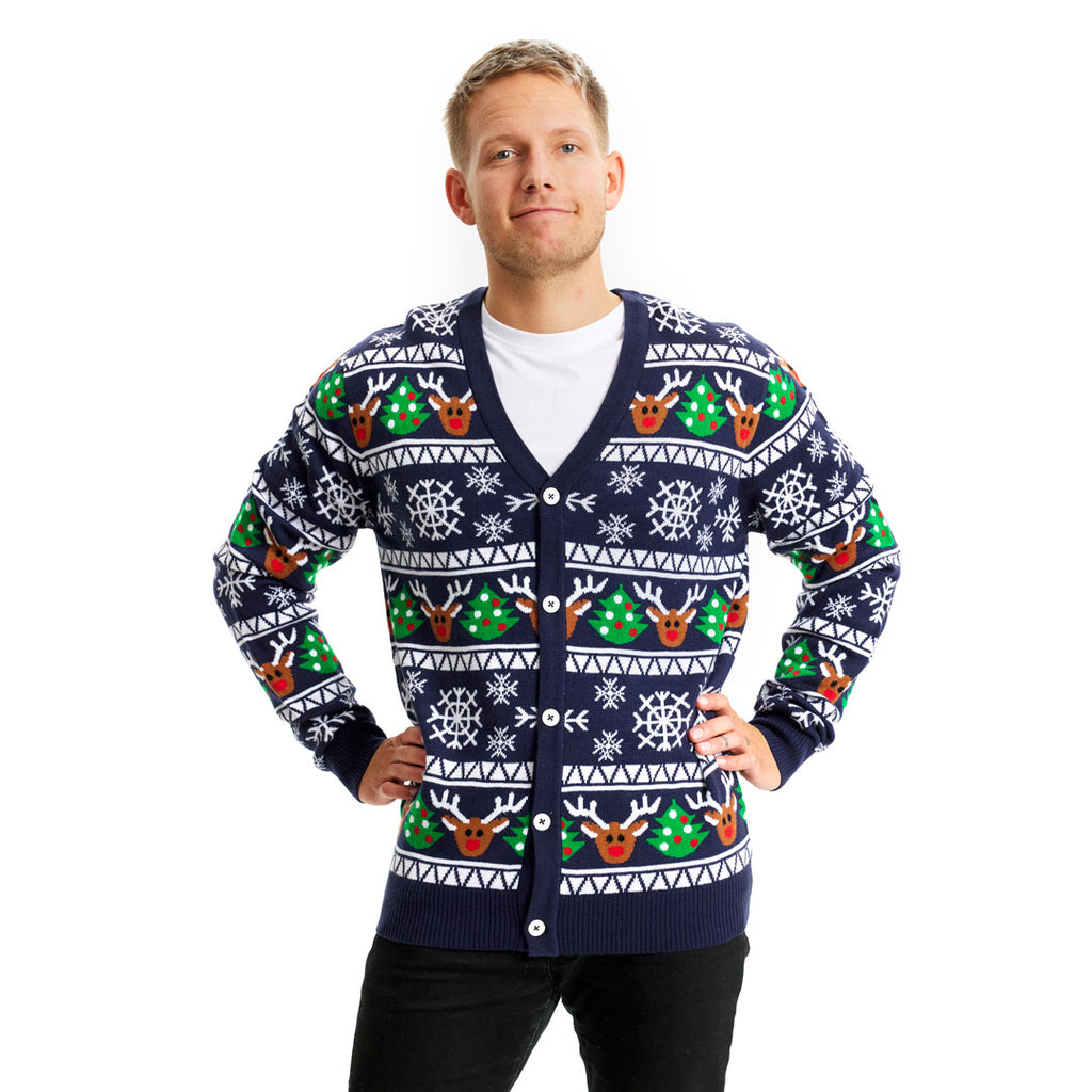 Mens Blue Cardigan Ugly Christmas Sweater with Reindeers and Trees