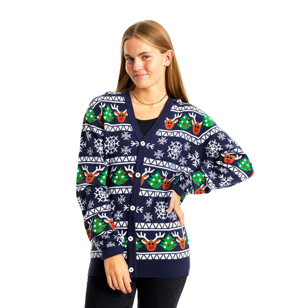 Womens Blue Cardigan Ugly Christmas Sweater with Reindeers and Trees