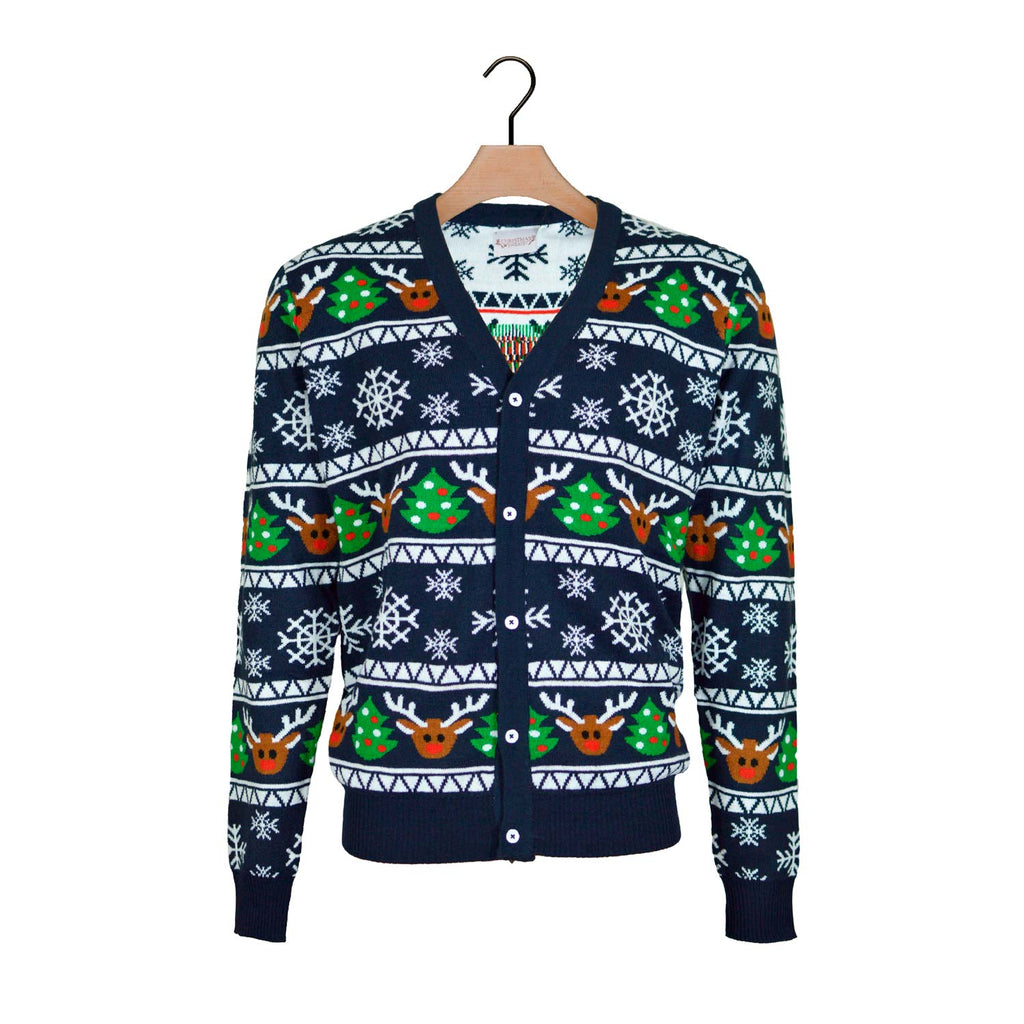 Blue Cardigan Ugly Christmas Sweater with Reindeers and Trees