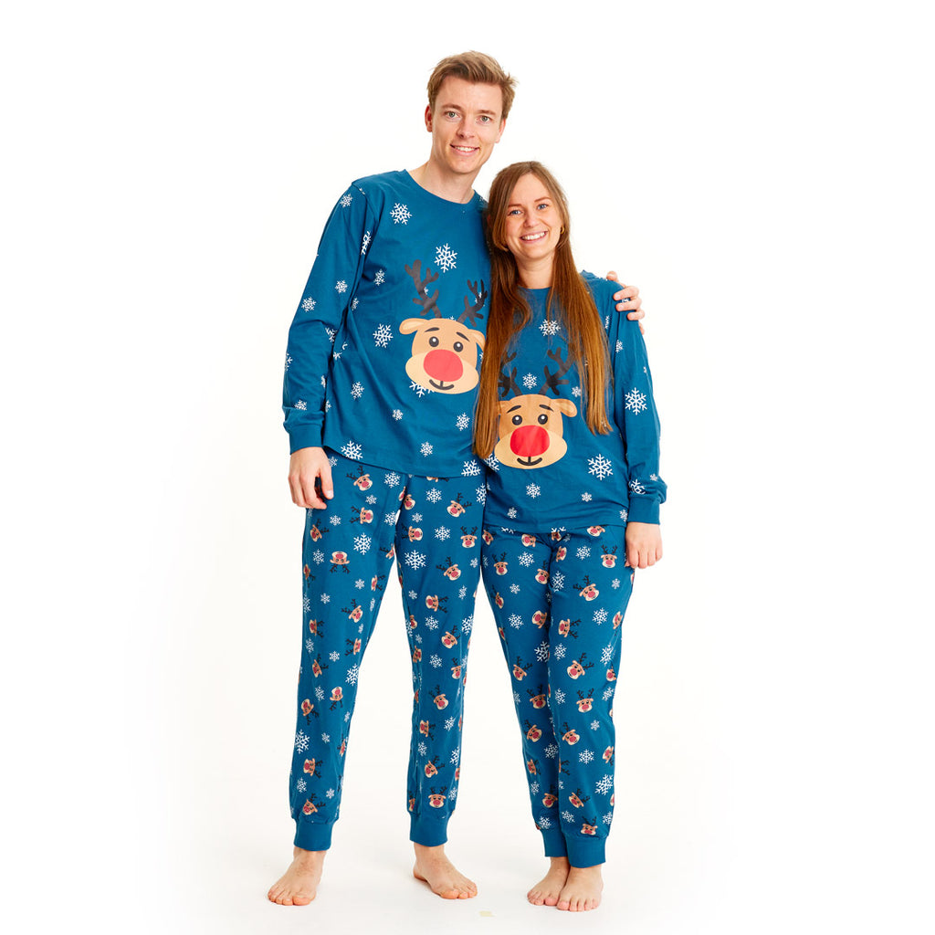Blue Ugly Christmas Piyama for Family with Rudolph the Reindeer couple
