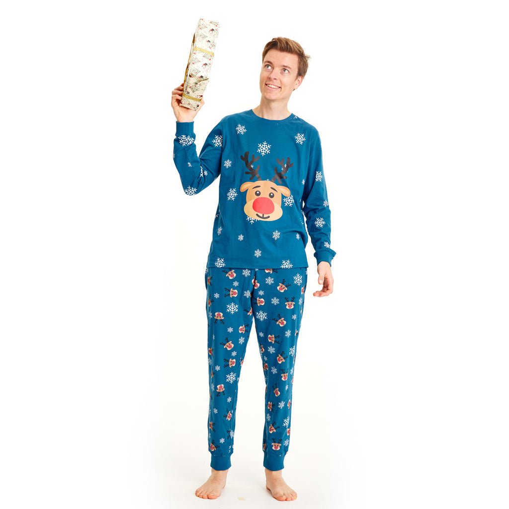 Blue Ugly Christmas Piyama for Family with Rudolph the Reindeer mens