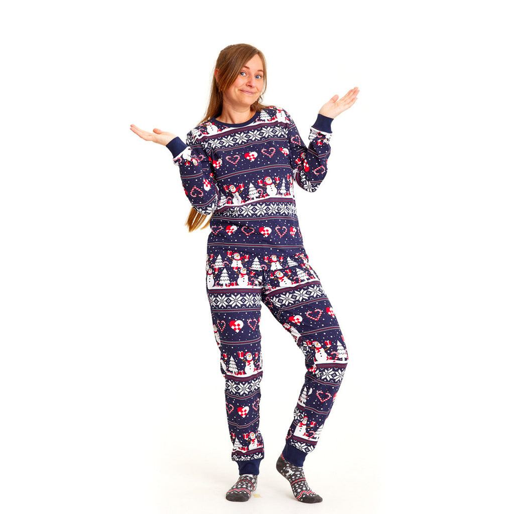 Blue Ugly Christmas Piyama for Family with Snowmen and Hearts womens