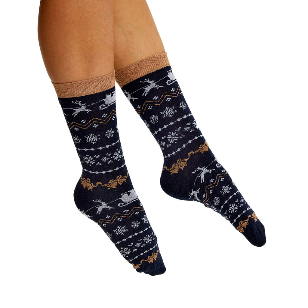Blue Unisex Ugly Christmas Socks with Reindeers and Snow womens and mens