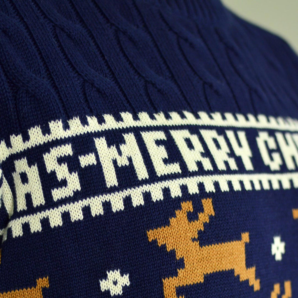 Classy Blue Organic Cotton Ugly Christmas Sweater with Reindeers detail