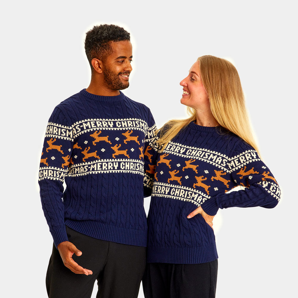 Classy Blue Organic Cotton Ugly Christmas Sweater with Reindeers couple 1