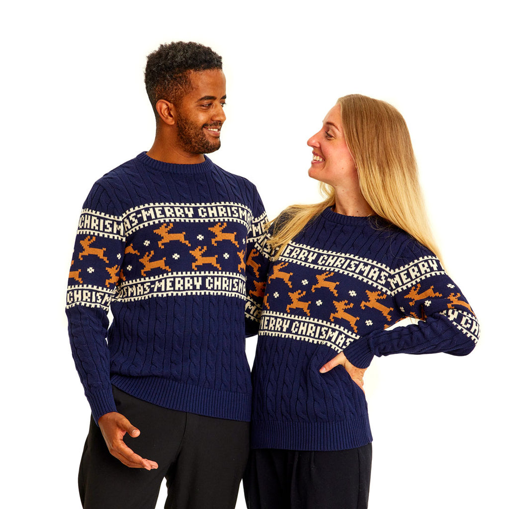 Classy Blue Organic Cotton Ugly Christmas Sweater with Reindeers couple 1
