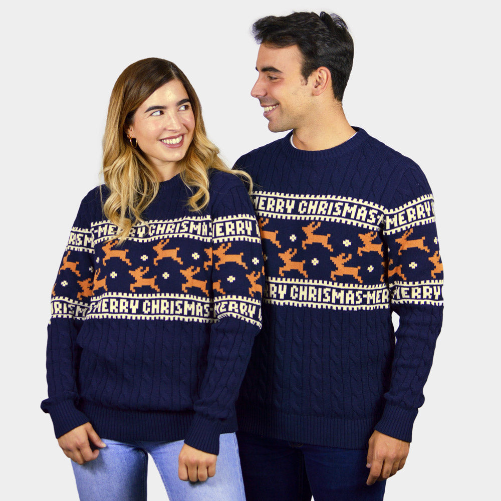 Classy Blue Organic Cotton Ugly Christmas Sweater with Reindeers couple