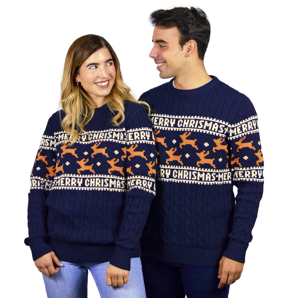 Classy Blue Organic Cotton Ugly Christmas Sweater with Reindeers couple
