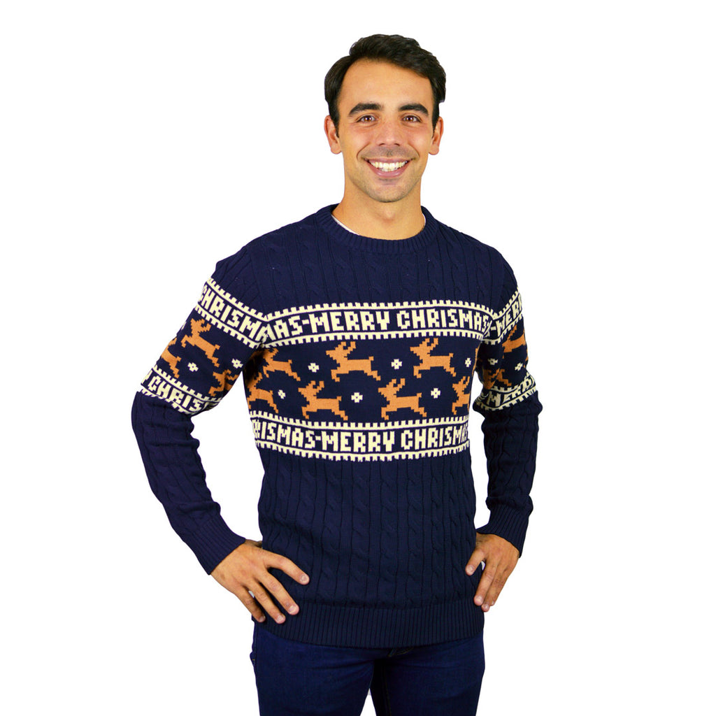Classy Blue Organic Cotton Ugly Christmas Sweater with Reindeers mens