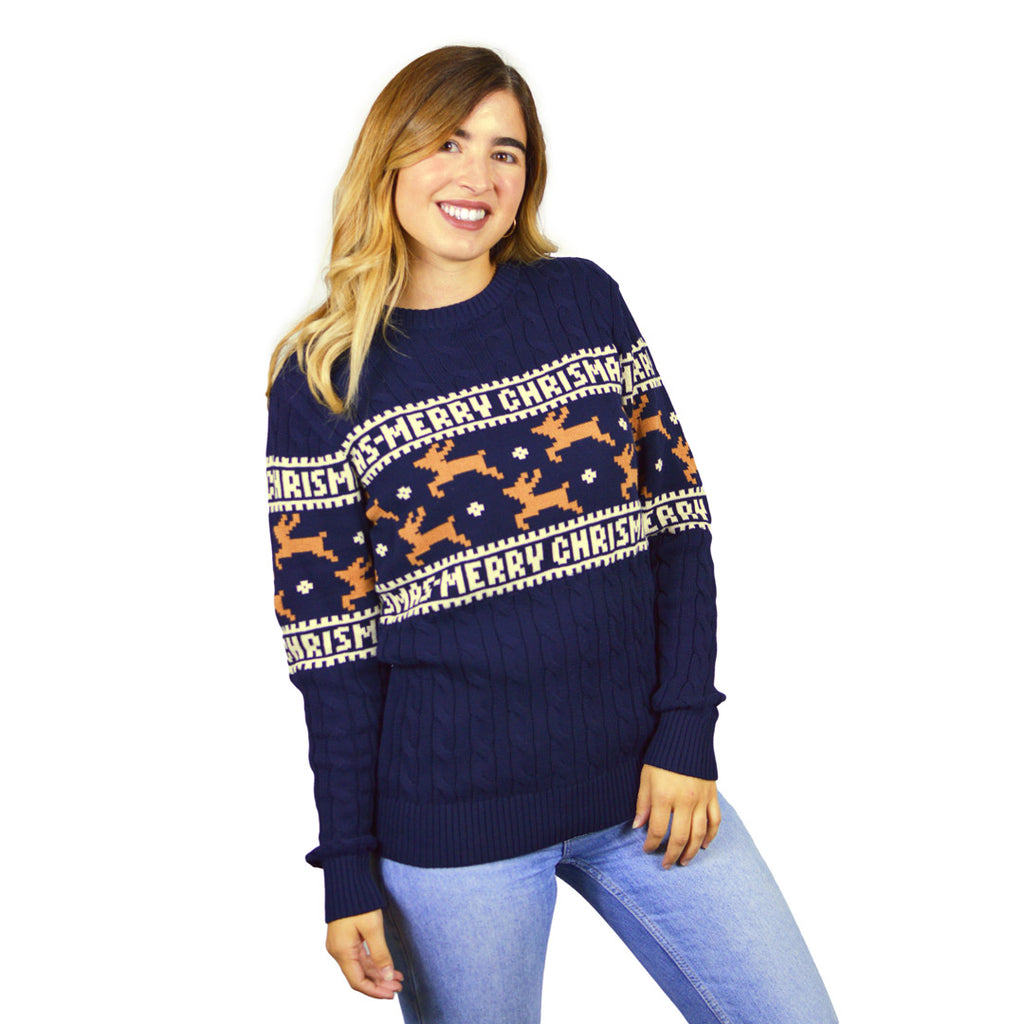Classy Blue Organic Cotton Ugly Christmas Sweater with Reindeers womens
