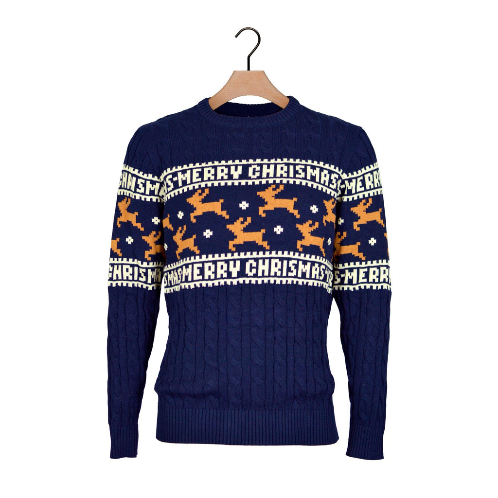 Classy Blue Organic Cotton Ugly Christmas Sweater with Reindeers