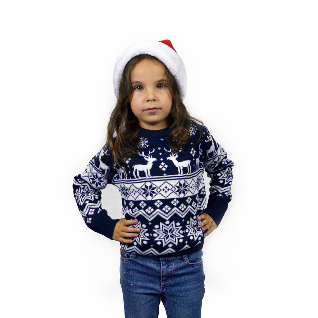 Kids Blue Family Ugly Christmas Sweater with Reindeers and Nordic Stars