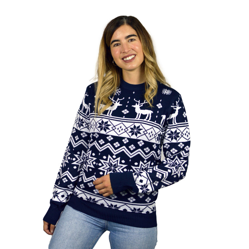 Womens Blue Family Ugly Christmas Sweater with Reindeers and Nordic Stars