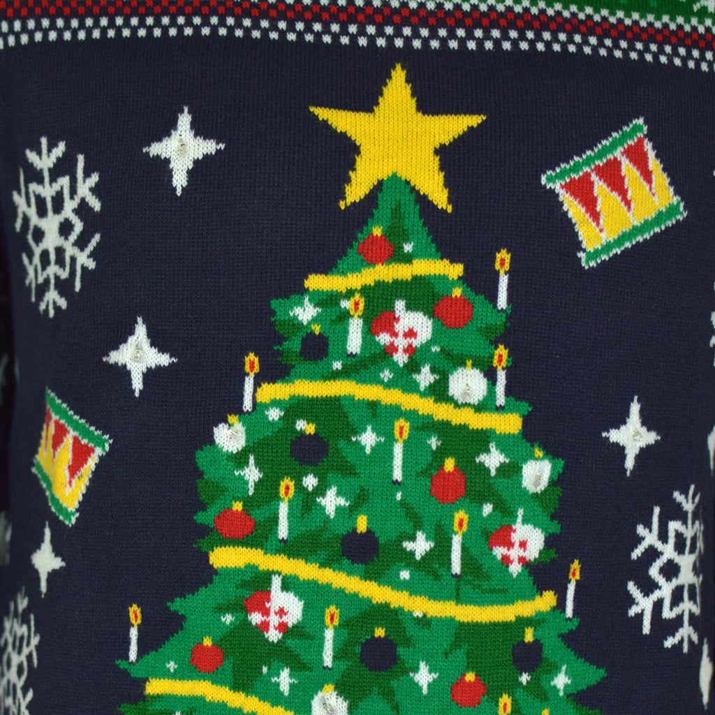 Blue LED light-up Boys and Girls Ugly Christmas Sweater with Christmas Tree Detail 1