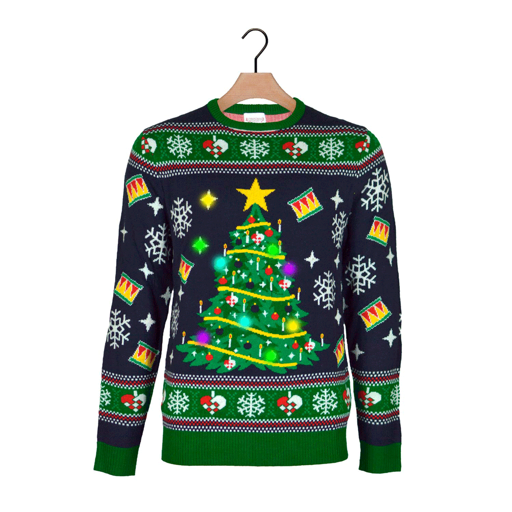 Blue LED light-up Boys and Girls Ugly Christmas Sweater with Christmas Tree