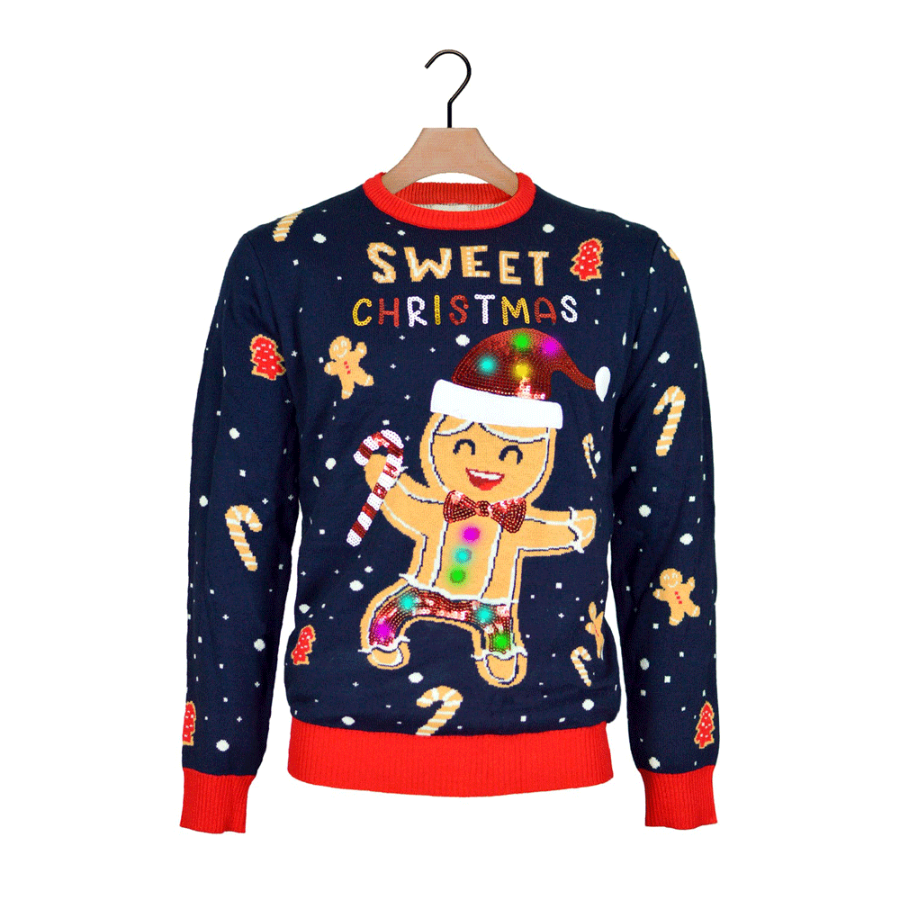 Blue LED light-up Boys and Girls Ugly Christmas Sweater Ginger Cookie