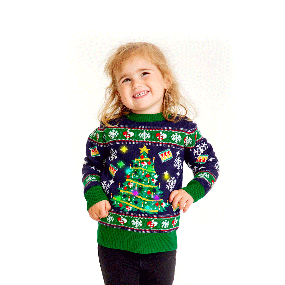 Blue LED light-up Family Ugly Christmas Sweater with Christmas Tree Girls