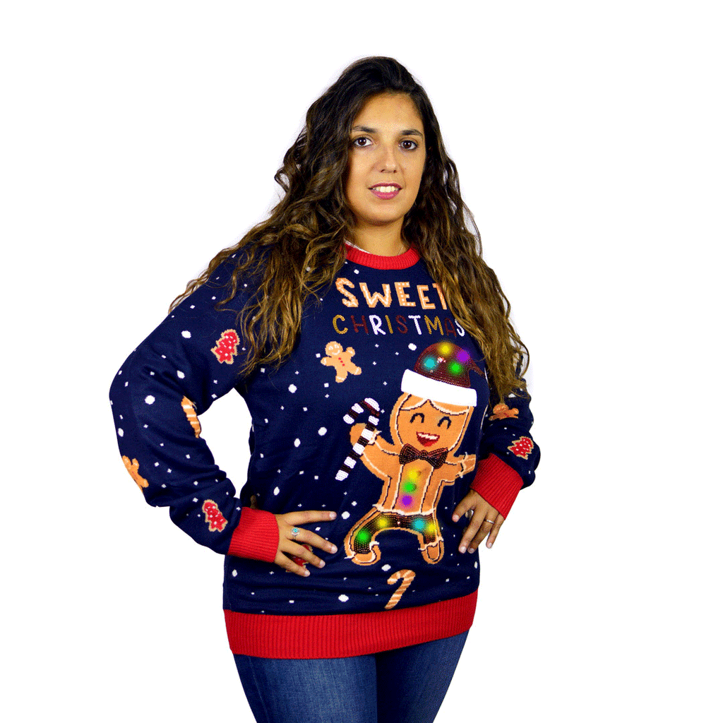 Blue LED light-up Family Ugly Christmas Sweater Ginger Cookie Womens